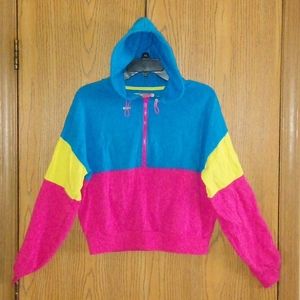 HoT Pink/yellow/blue COLOR BLOCK 1/4 zip w/ drawstring Hood hoodie *NO POCKETS